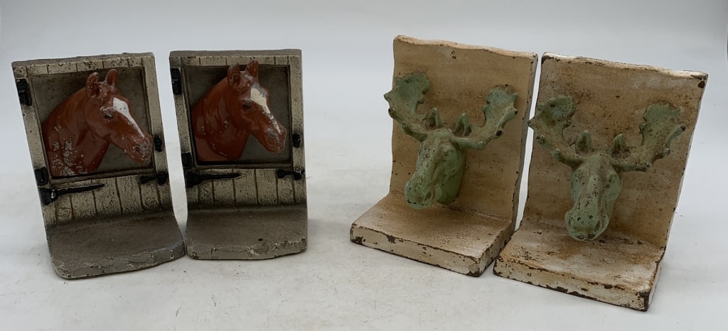 cast iron moose head & horse in stable bookends: both sets have wear with paint loss and rust