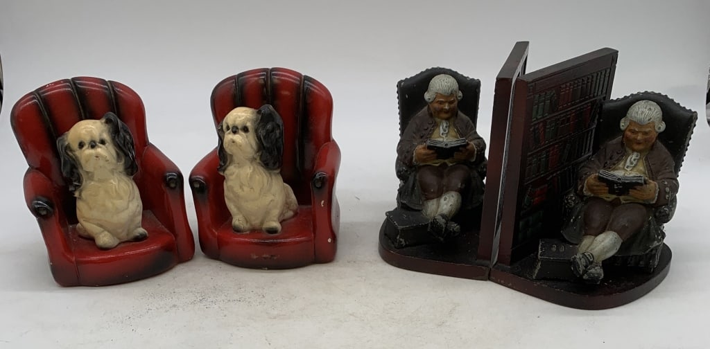 dog on chair & man by bookcase bookends: dog on chair set is chalk and has some chips; man by bookcase are metal with scratches and paint loss