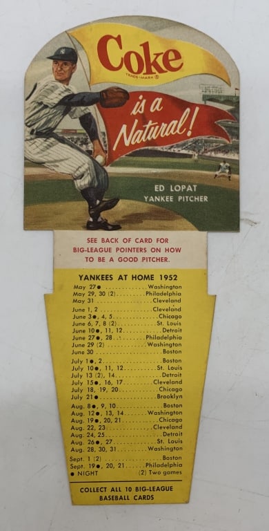 1952 Coca-Cola Baseball tips Ed Lopat card: has light discoloration to back from age