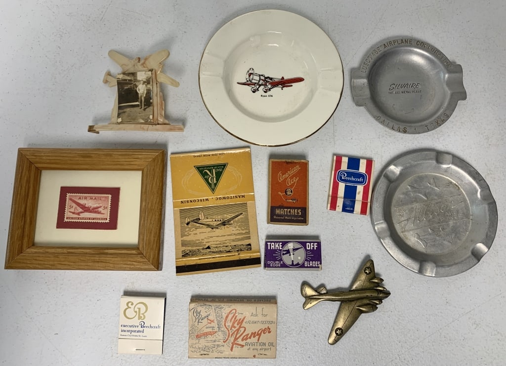 Aviation ashtrays,matches,stamp,razors,etc.: all have wear,see photos; celluloid frame is warped