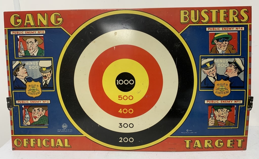 Marx Gang Busters target: has wear with some scratches and paint loss, staining to cardboard backer
