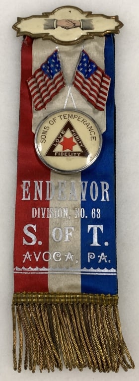 SONS OF TEMPERANCE AVOCA,PA ORNATE RIBBON BADGE. (1 of 4)