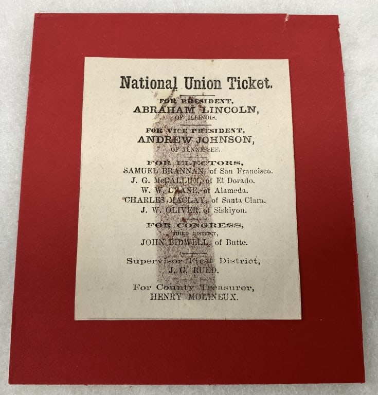 LINCOLN & JOHNSON 1864 CAMPAIGN CALIFORNIA BALLOT. (1 of 3)