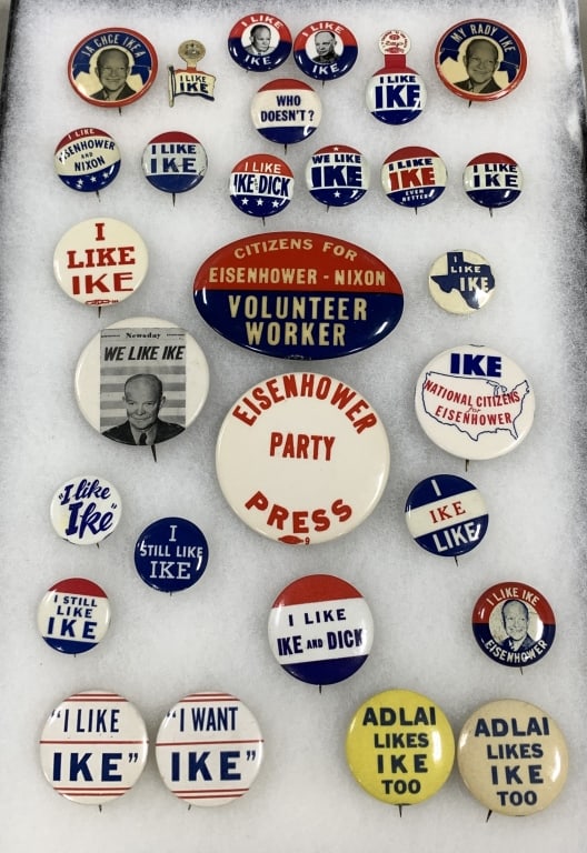 EISENHOWER 1952-56 "I LIKE IKE" THEMED COL. OF 28: Largest is 2.75 oval. There are a few exceptions to the "I Like Ike" theme including center oval "Volunteer Worker" and below that a "Press" button plus to right one for "National Citizens". Rarities