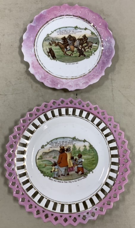 ROOSEVELT BEARS C. 1904 PAIR PINK RIMMED PLATES. (1 of 3)
