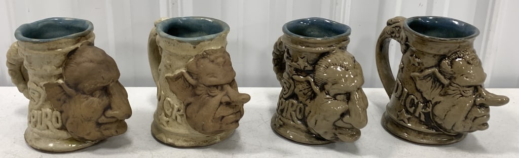 "DICK" AND "SPIRO" TWO PAIRS OF GLAZED AND UNGLAZE: Nixon and Agnew mugs are about 7" wide from nose tips to elephant trucks handles by 5" tall. The Nixon mug of each pair inscribed under base "Rumph ? 1971-USA. The 4x5" promo card has small creases an