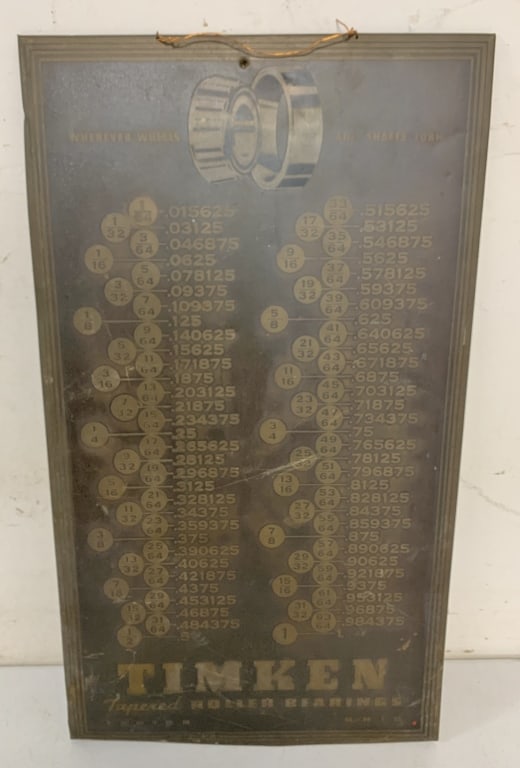 Timken Tapered Ball Bearings metal chart: 12 1/4" x 22", has wear with scratches, dings and paint loss, cardboard backer is stained with some damage, has hole punched in top center