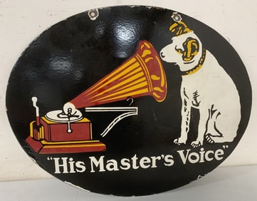 His Master's Voice double sided porcelain sign