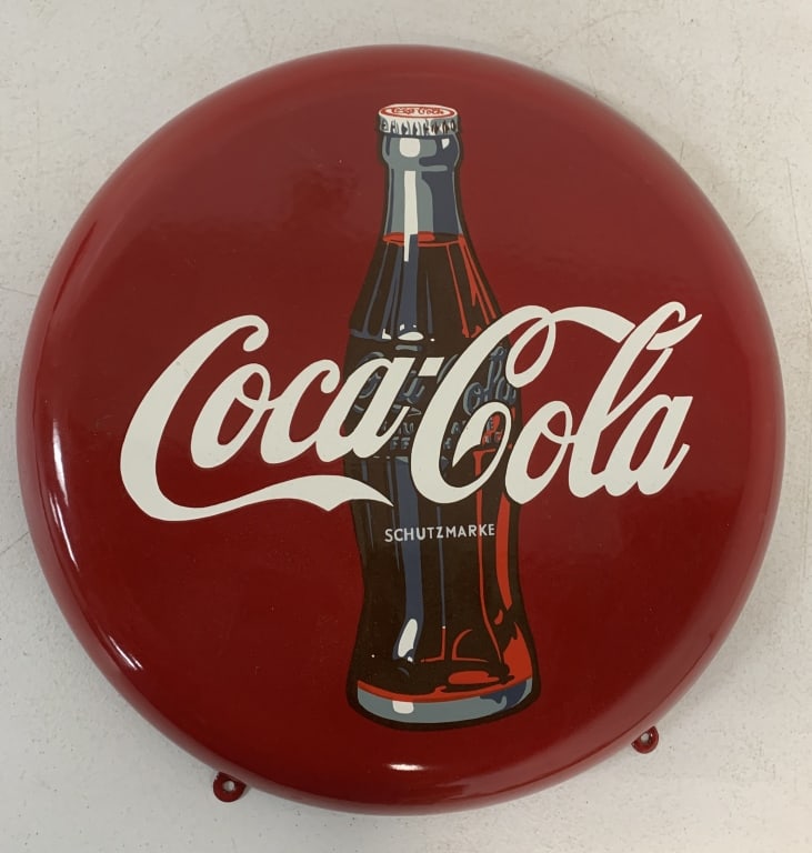 German Coca-Cola porcelain button: 16" in diameter, modern, has some scratches