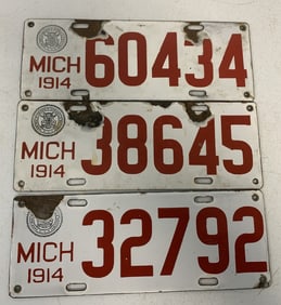3 Michigan 1914 porcelain license plates