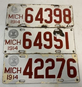 3 Michigan 1914 porcelain license plates