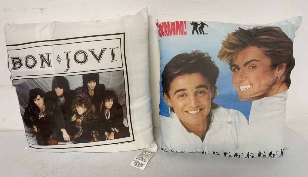 Bon Jovi and Wham pillows: some light wear and staining on back of Wham pillow