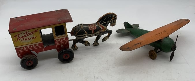 pressed steel airplane & Marx Toytown Dairy