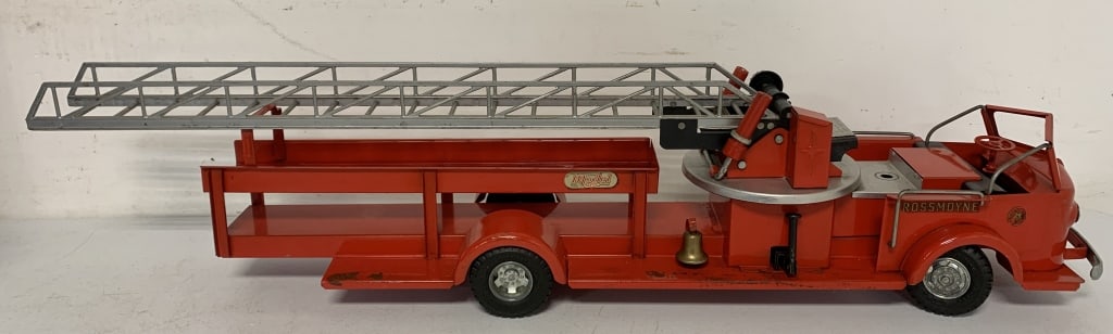 Doepke Rossmoyne ladder truck: has wear with scratches, paint loss and some rust, missing ladder, searchlight and side treads