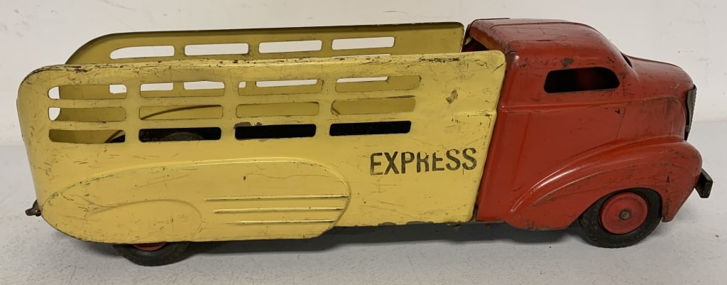 Wyandotte pressed steel Express Truck: has wear with scratches, paint loss, rust and dings