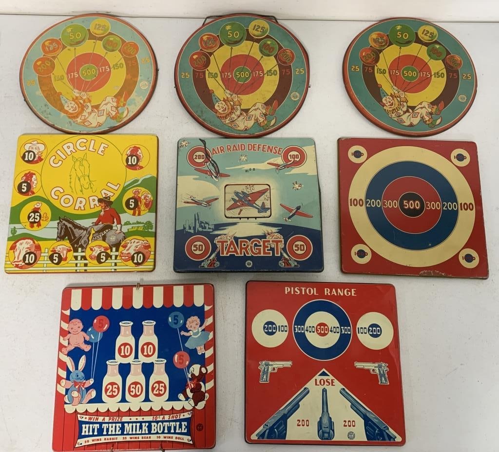 8 Wyandotte Dart gun targets: have wear with scratches and paint loss, some dings, 2 missing stands