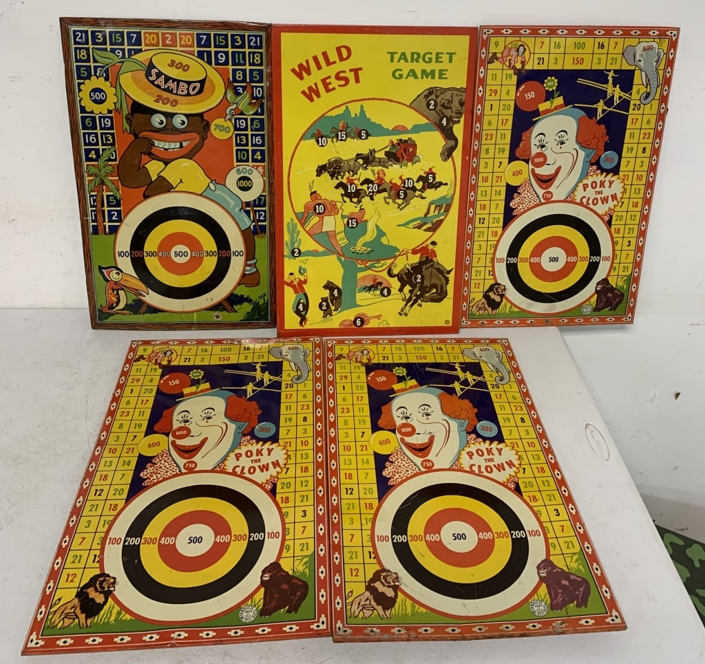 5 Wyandotte targets: have wear with scratches, dings, rust and some water damage to cardboard backers; some missing easel