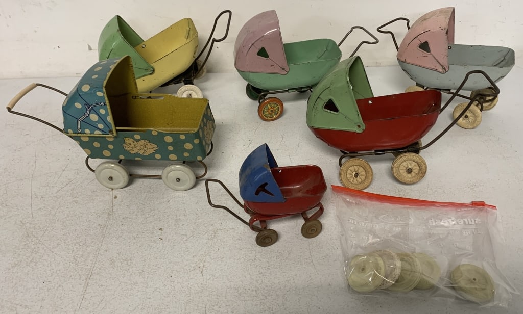 Wyandotte Baby Strollers: show wear with scratches, paint loss and rust; some missing wheels; spare wheels included
