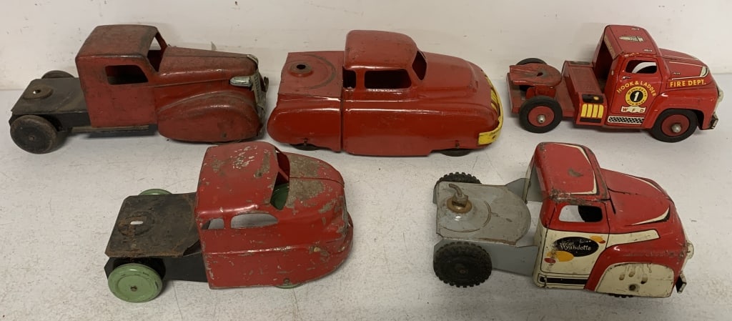 5 Wyandotte truck cabs: all have wear with scratches, paint loss and rust