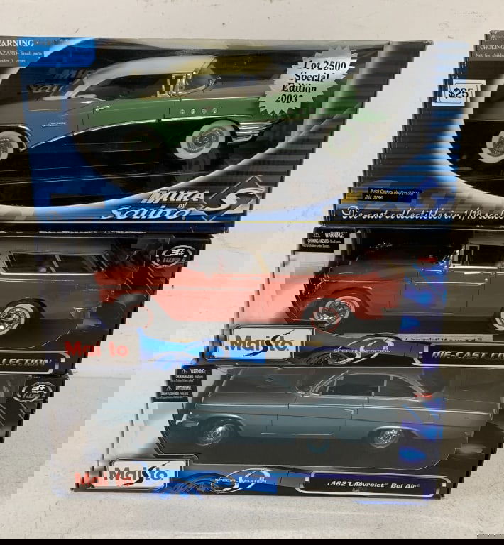 Maisto and Mira by Solido die cast cars in boxes: 1962 Chevrolet Bel Air, 1955 Chevrolet Nomad and 1955 Buick Century Hard top; boxes have wear