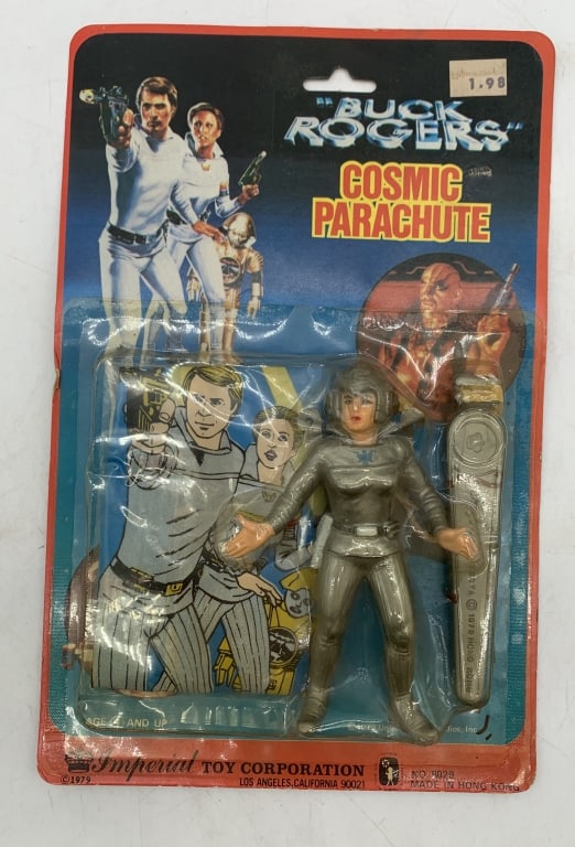 Buck Rogers Cosmic Parachute on card: packaging has wear and plastic blister has yellowed
