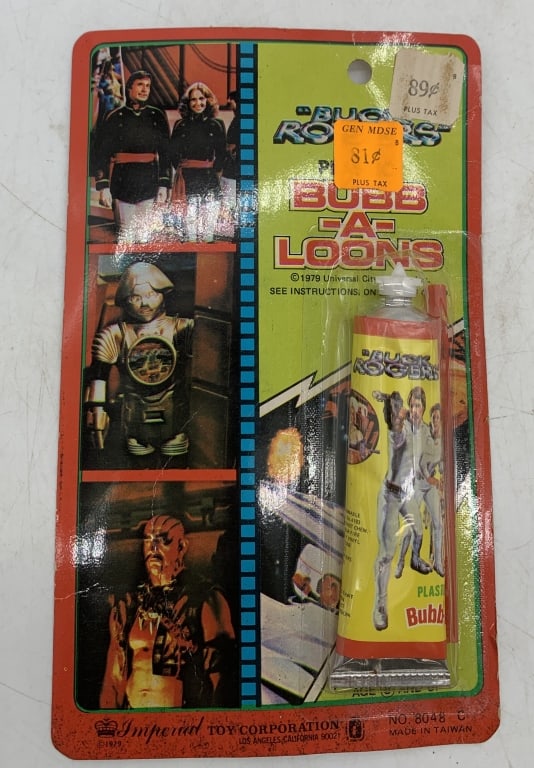 Buck Rogers Bubb-A-Loons on card: packaging has some wear with creases, yellowing to back of card