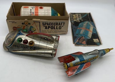 3 tin space toys, battery op. and friction