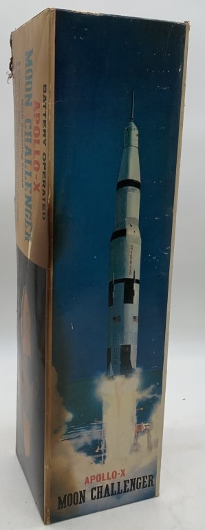 Apollo-X Moon Challenger battery-op in box: box has fire damage; toy has wear with scratches