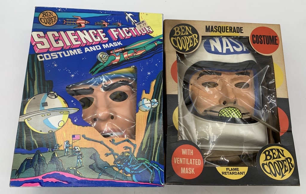 Ben Cooper Astronaut & Buck Rogers costumes: boxes have wear and damage; suits have discoloration and damage