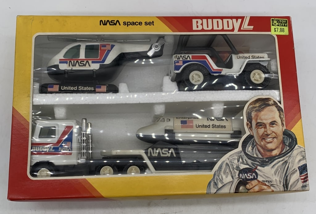 Buddy L NASA space set: packaging has fire damage; toys have wear with scratches, scratched decals