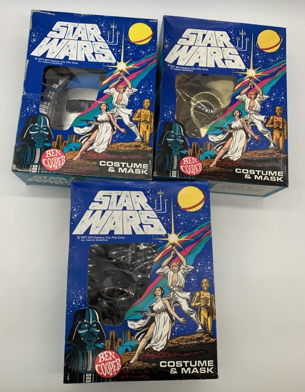 C-3PO, R2D2 & Darth Vader costumes: Ben Coopers in boxes; unused, but some staining and discoloration to suits