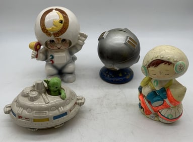 3 ceramic and 1 chalk space themed banks