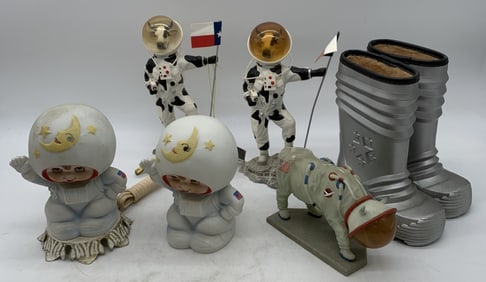 space themed cow figures, lamp, snow boots, etc.