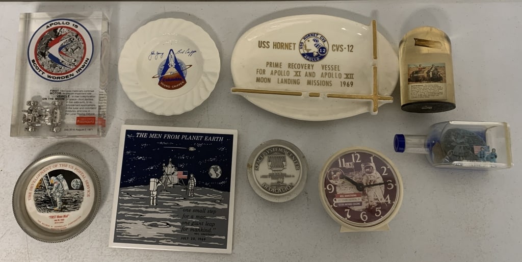 space theme paperweights, clock, trivet, ashtray: etc.; all have wear, no water in snow globe bottle; see photos for items