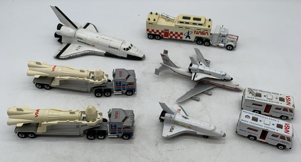 8 diecast space related vehicles; Matchbox etc.: all have wear with scratches, paint loss, discoloration and some broken pieces