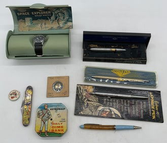 space theme watch, pens, knife, pin back buttons