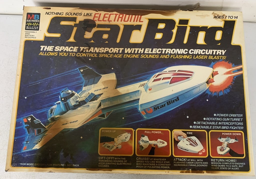 Milton Bradley Electronic Starbird in box: box has fire and mold damage; see photos