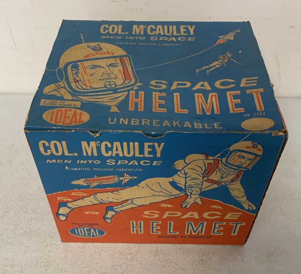 Ideal Col. McCauley Space Helmet in box: box has wear and some damage; helmet has wear with scratches