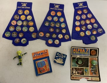 space coins, figures, pen and patches