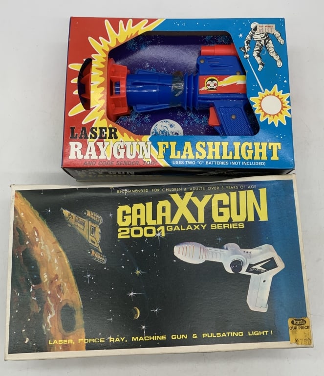 Galaxy Gun 2001 & Laser Ray Gun Flashlight: in boxes which have some wear