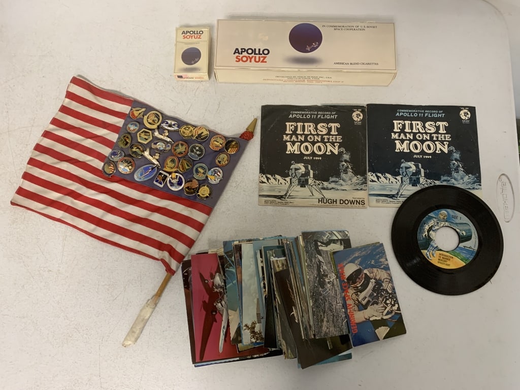 space theme record, postcards, cigarettes & pins: items show wear; see photos