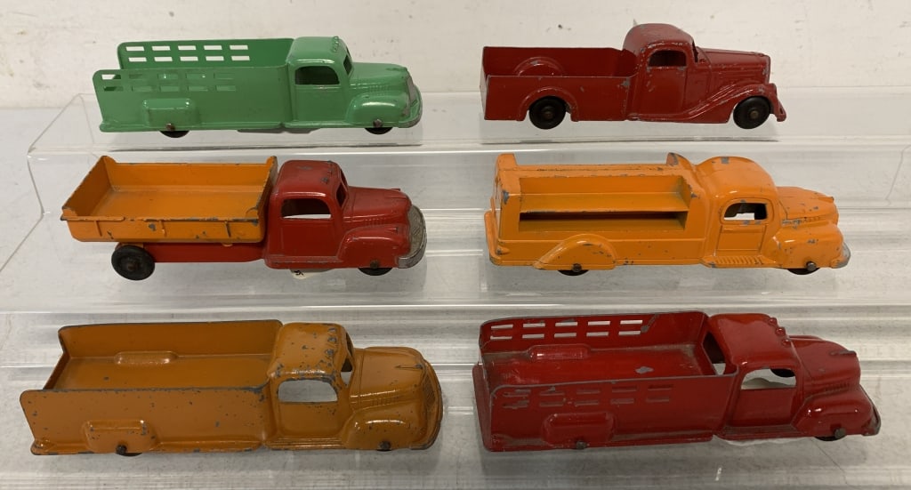 6 Tootsietoy Various Trucks: orange dump truck has a small chip out of the dump bed, all with some light chipped paint, metal toys