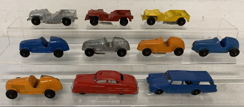10 Tootsietoy Various Cars/Jeeps/Race Cars: all with some light chipped paint, metal toys