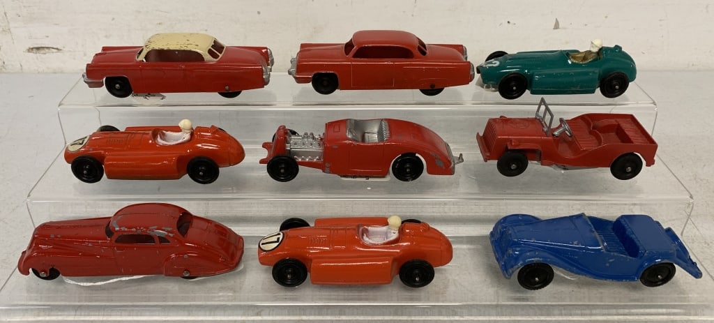 9 Tootsietoy Ferrari, Lincoln, MG, Jeep: green Ferrari driver has a head that is not attached tightly, all with some light chipped paint, metal toys