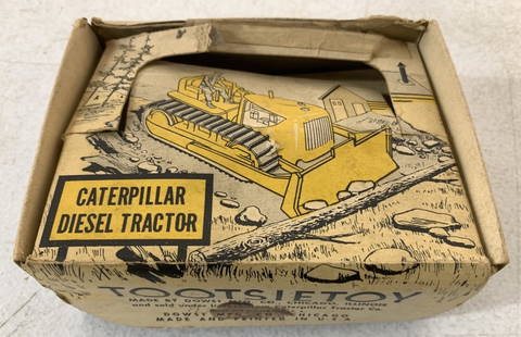 Tootsietoy Caterpillar Diesel Tractor w/ Box: box has lots of wear, some damage, some aging of the cardboard, tears, toy in good condition