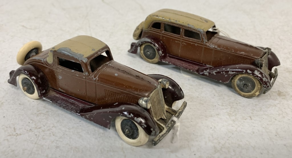2 Tootsietoy Coupe/Sedan: one car has reproduction tires, chipped paint throughout