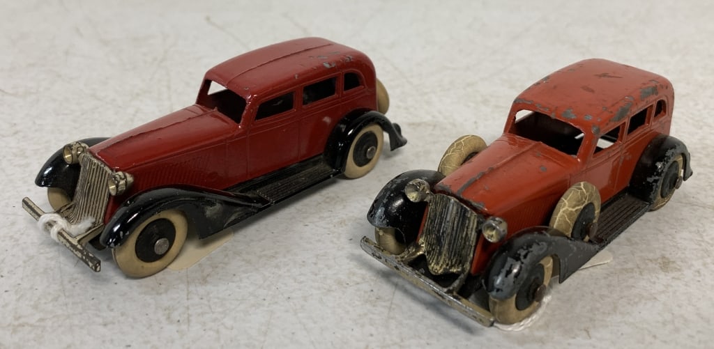 2 Tootsietoy Sedans: tires cracked, chipped paint throughout