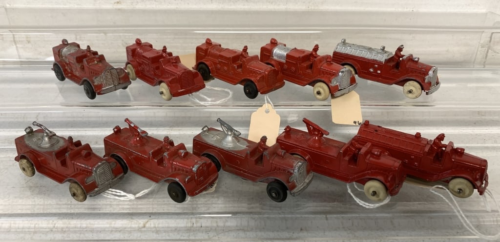 10 Tootsietoy Firetrucks: Hose, Insurance Patrol, and Hook&Ladder, all have small paint chips