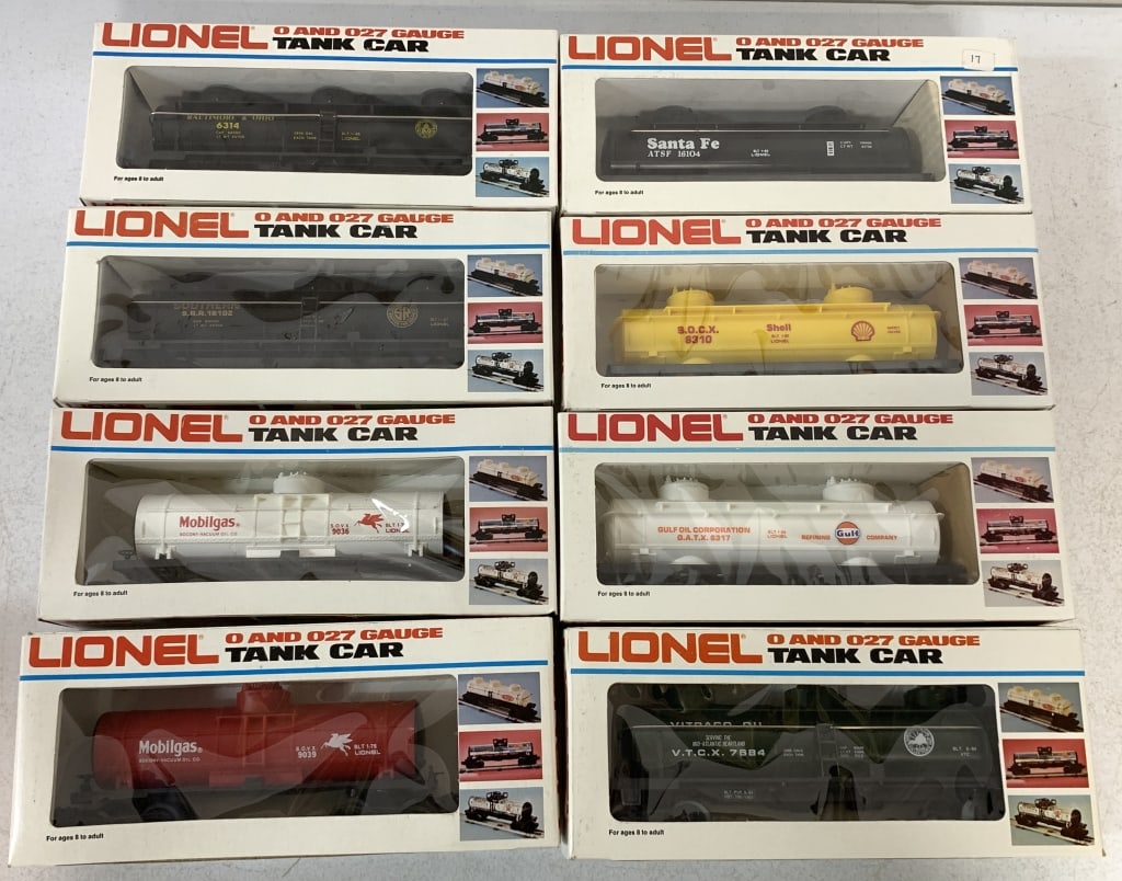 8 Lionel O & O27 Tank Cars: VTC 1984, Mobiloil, Southern, Shell, Sante Fe, Gulf B&O, looks like they may have never been opened