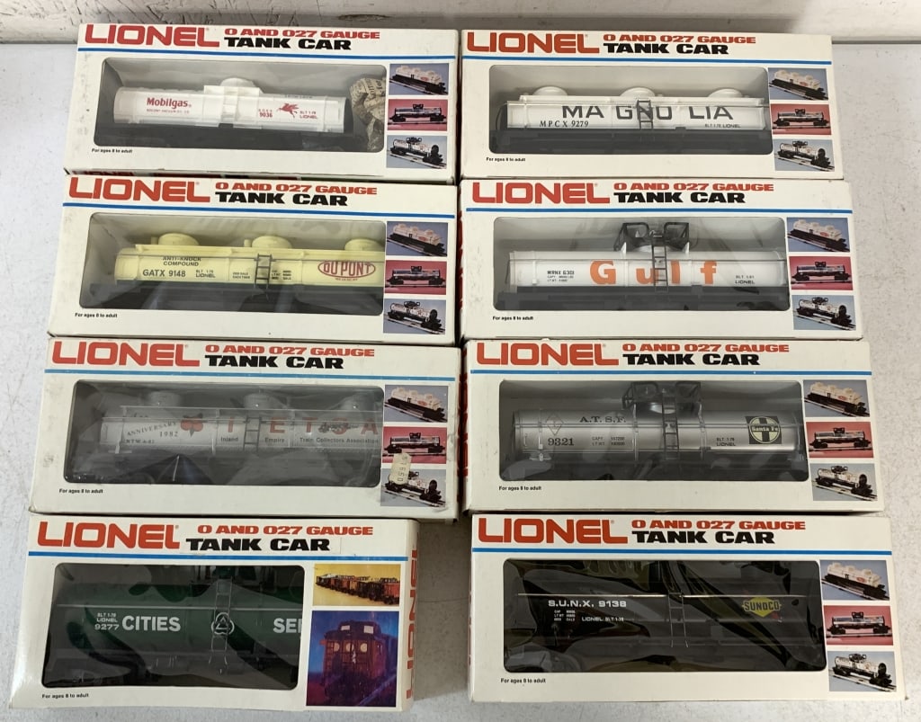8 Lionel O & O27 Tank Cars: Magnolia, Mobilgas, Dupont, Cities Service, ATSF Sante Fe, Gulf, Sunoco, IETCA, some boxes unmarked and some boxes may not have correct names stamped on the end, some with box and cellophane wear